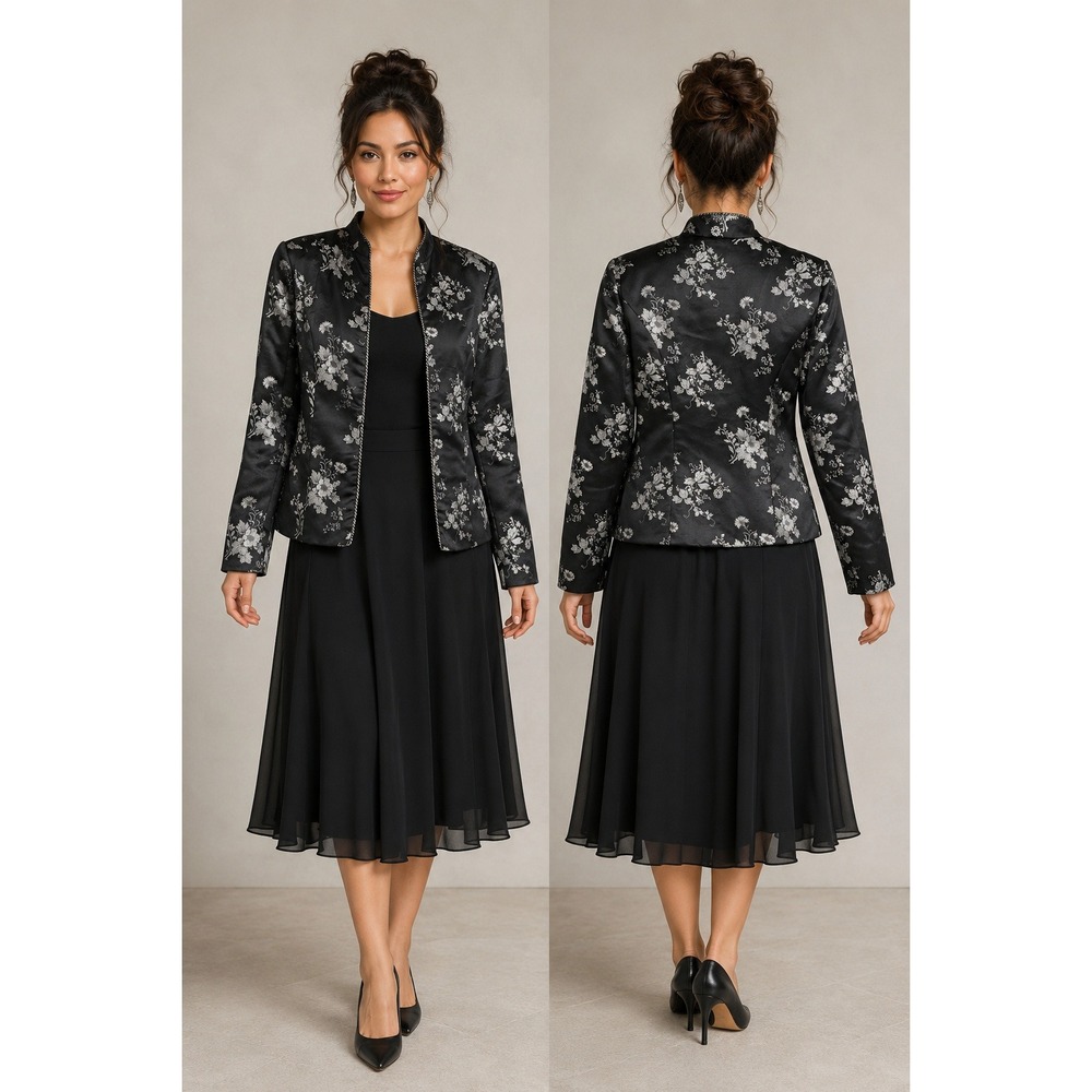 Whimsigoth Boho Y2K Asian 90s BlackSilver Floral BrocadeSatin Metallic M Jacket